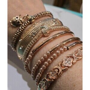 Rose Gold Tone Bracelet Set 7 Piece Stack Owl Charm Rhinestone Bracelet Lot 1089